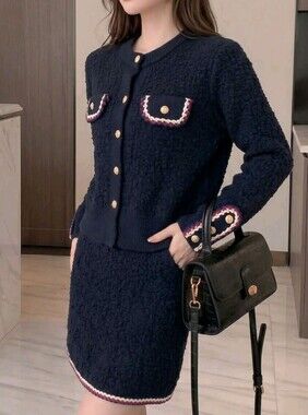 Single-Breasted Long Sleeve Cardigan & Elegant Knit Midi Skirt